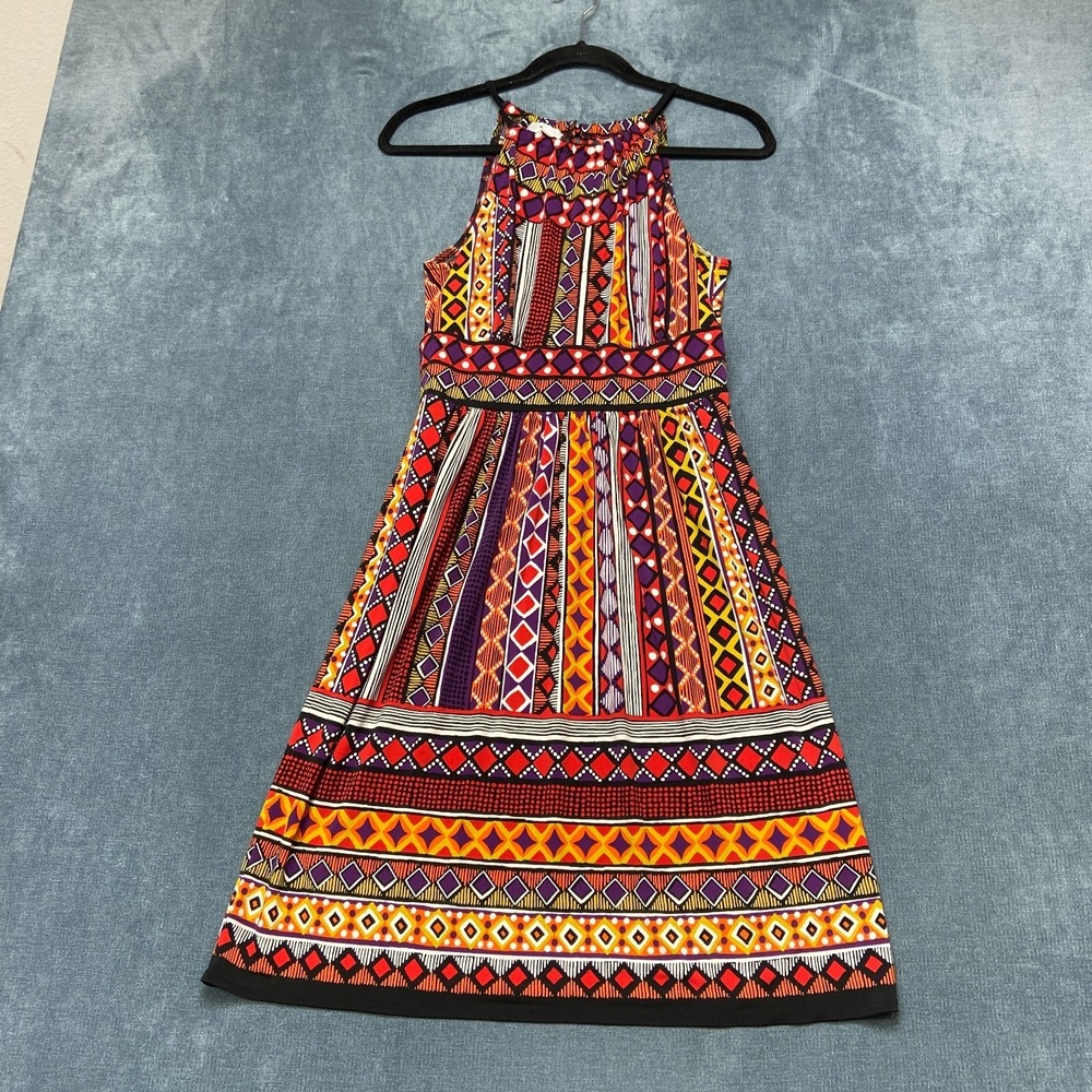 London Times Halter Dress Womens 6 Multicolor Geometric Tribal Print Sleeveless
